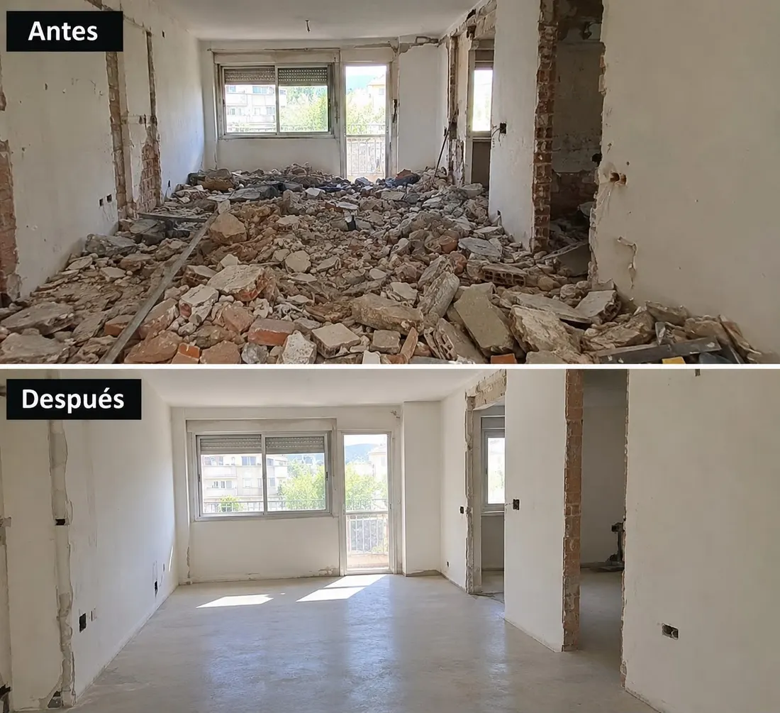 Salón de un piso con escombros de demolición antes y después de retirarlos