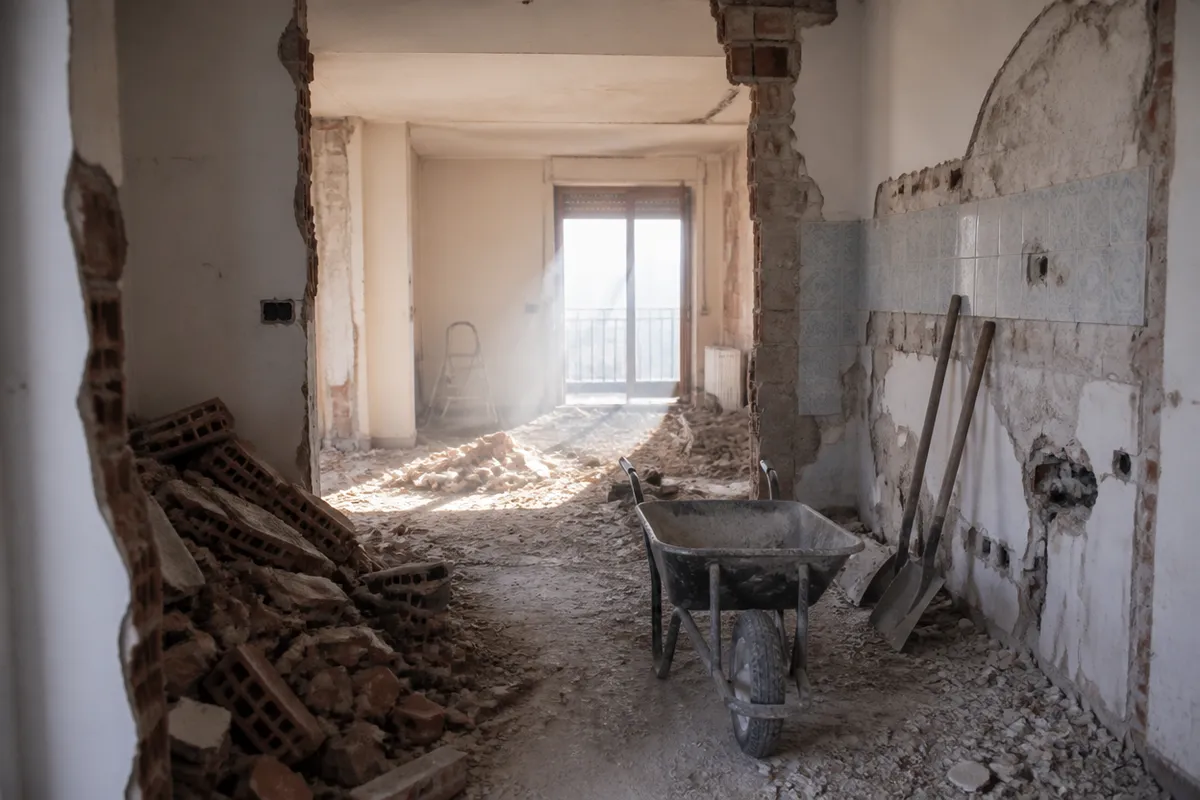 Tabiques derribados y escombro de una demolición interior en un piso de Valencia