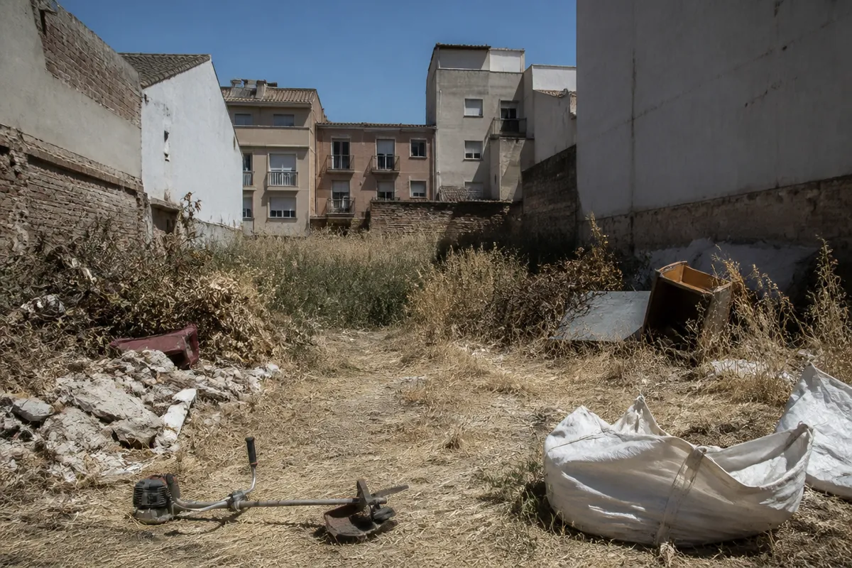 Solar urbano de Valencia con hierbas secas, escombros vertidos y restos de poda antes de limpiarlo