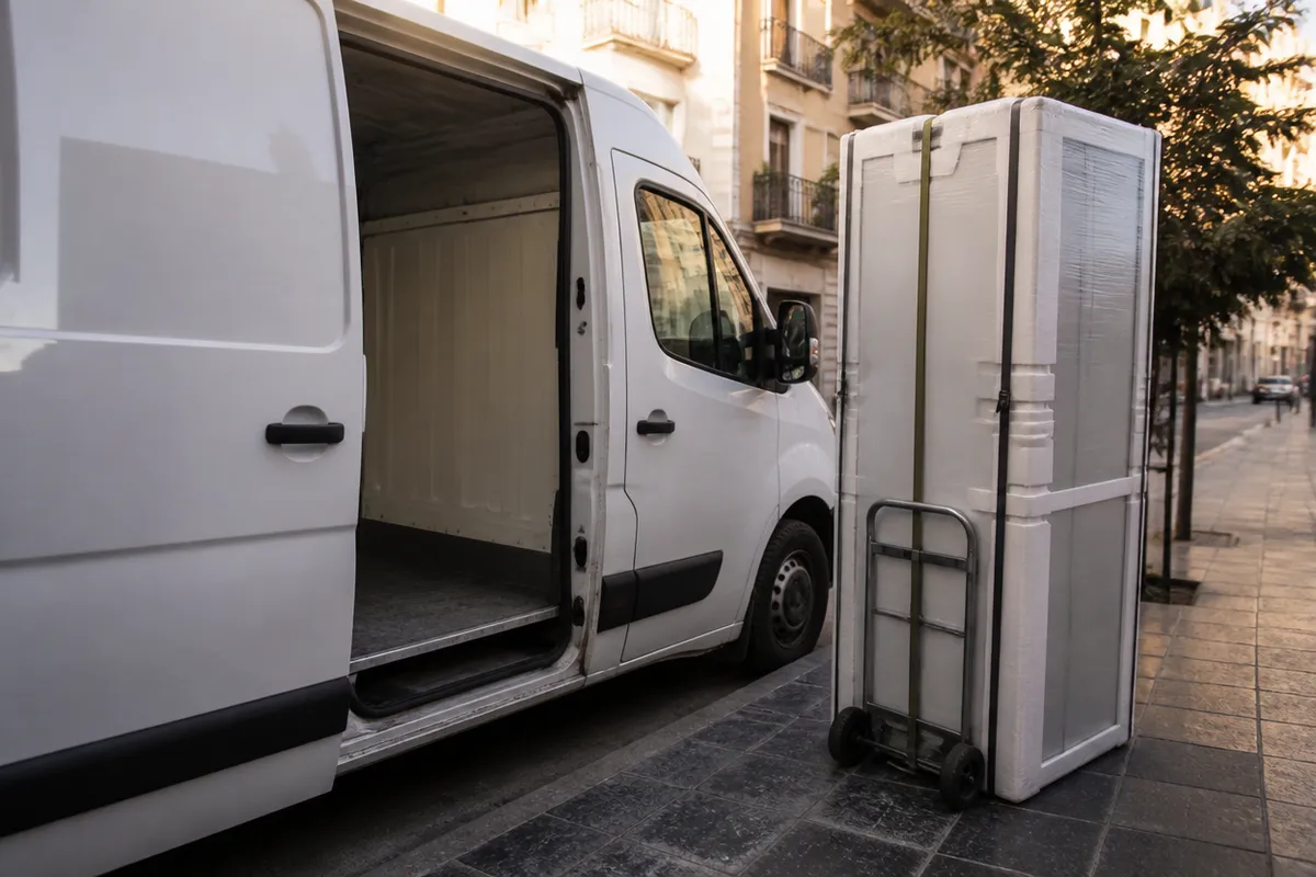 Frigorífico embalado en una carretilla junto a la furgoneta de portes en una calle de Valencia