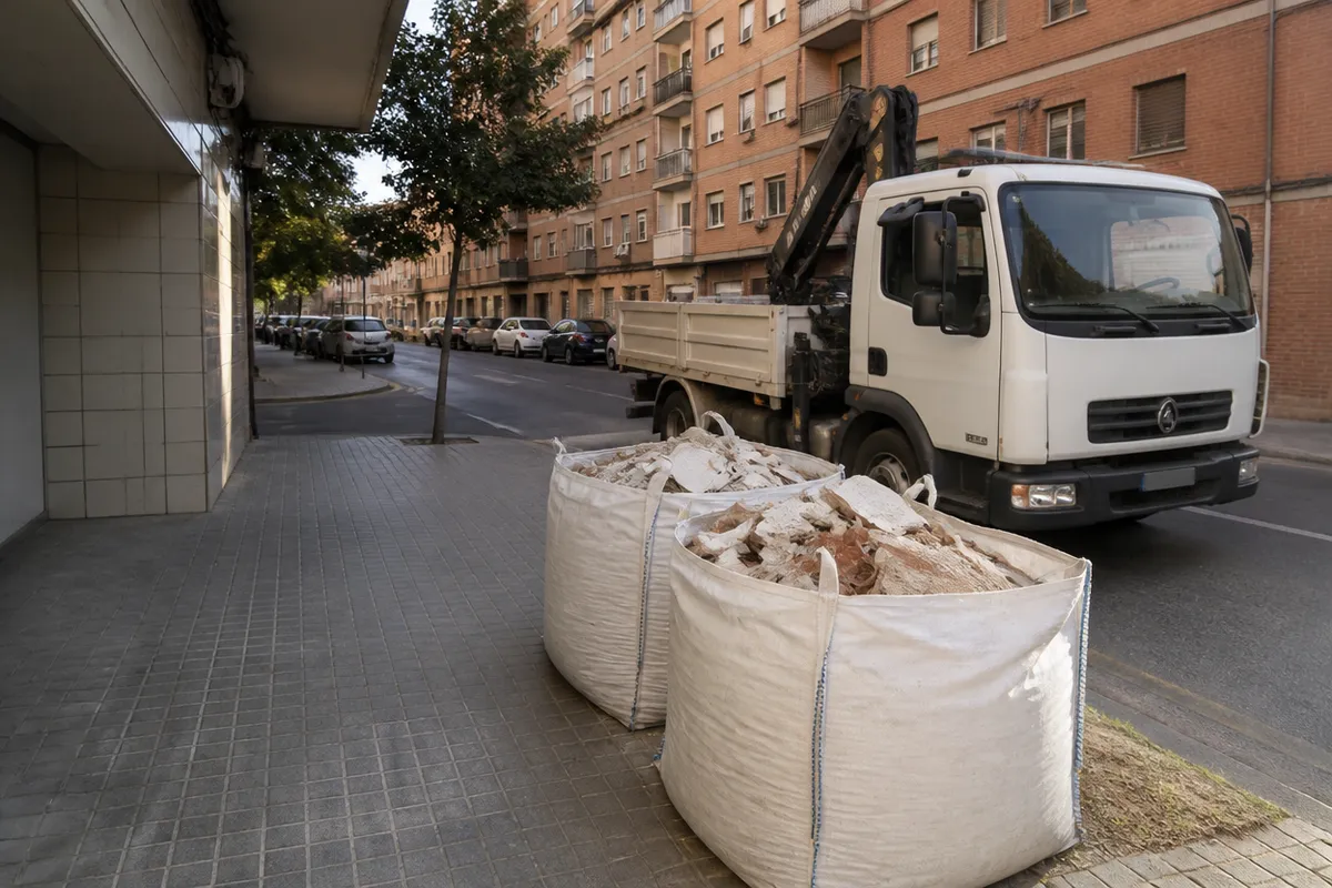 Sacas big bag de escombro junto al bordillo de una calle de Valencia, listas para la recogida