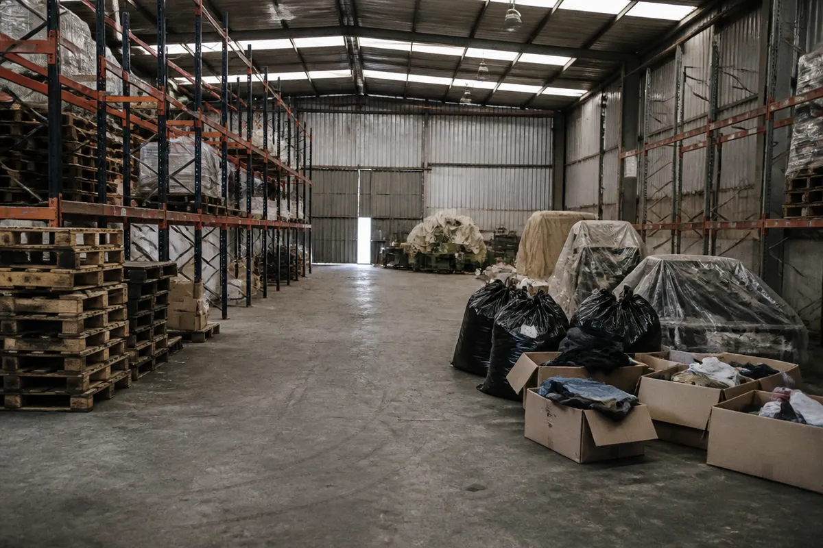 Nave industrial con palés, estanterías y restos de género por vaciar en Valencia